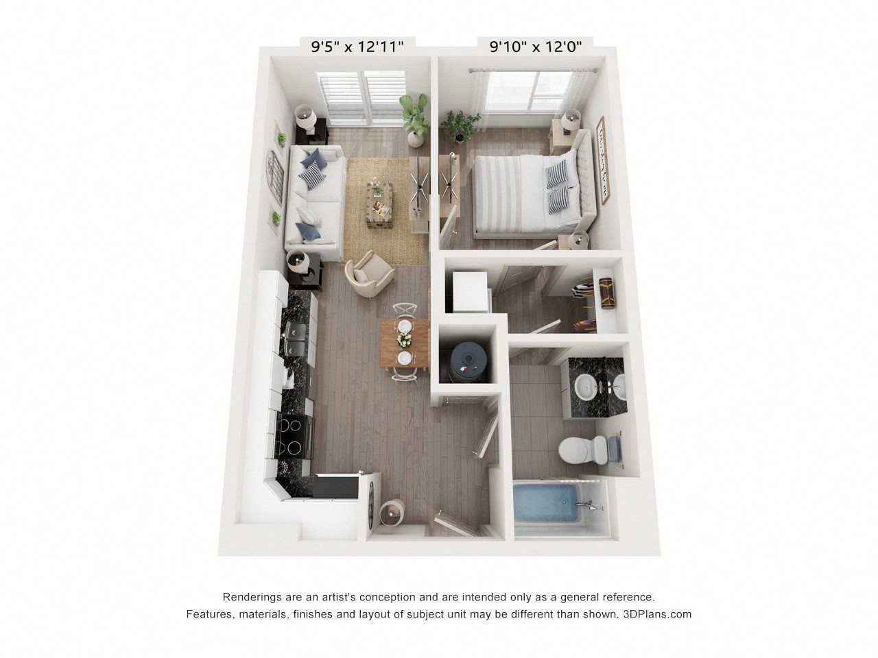 1 Bed 1 Bath Floor Plan 1 Bed 1 Bath Floor Plan at The Point on 38th, Norfolk, Virginia